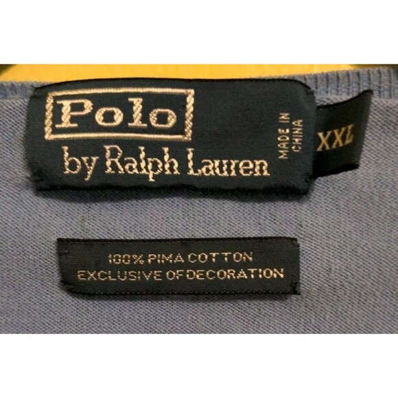 Vtg Polo Ralph Lauren Sweater V Neck Pima Cotton Light Blue Sz XXL Orange Pony - Picture 5 of 7